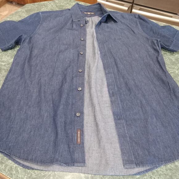 Michael Kors Womens Large 100% Cotton Chambray Tunic Top Short Sleeve Round Hem - Picture 1 of 9